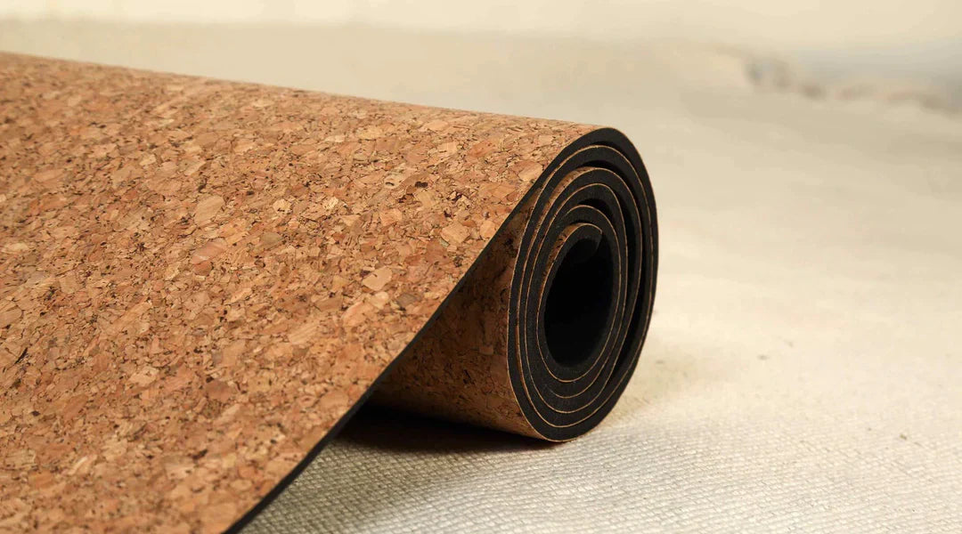 Detailed close-up of an eco-friendly cork yoga mat surface showing natural cork texture, sustainable material, and superior grip for durable, non-toxic, and environmentally conscious yoga practice
