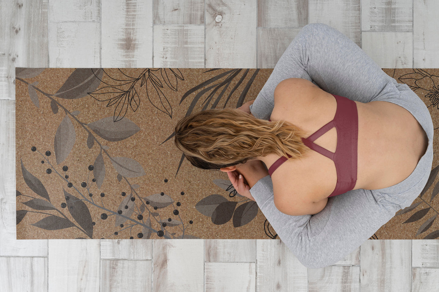 GREYSCALE LEAVES CORK YOGA MAT