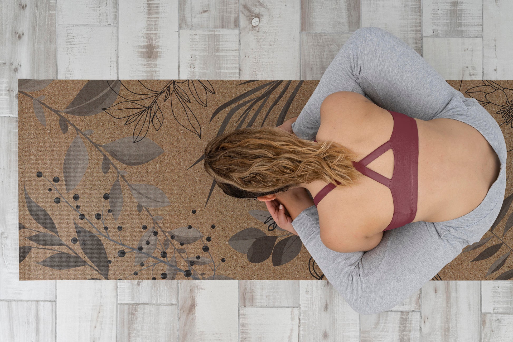 GREYSCALE LEAVES CORK YOGA MAT