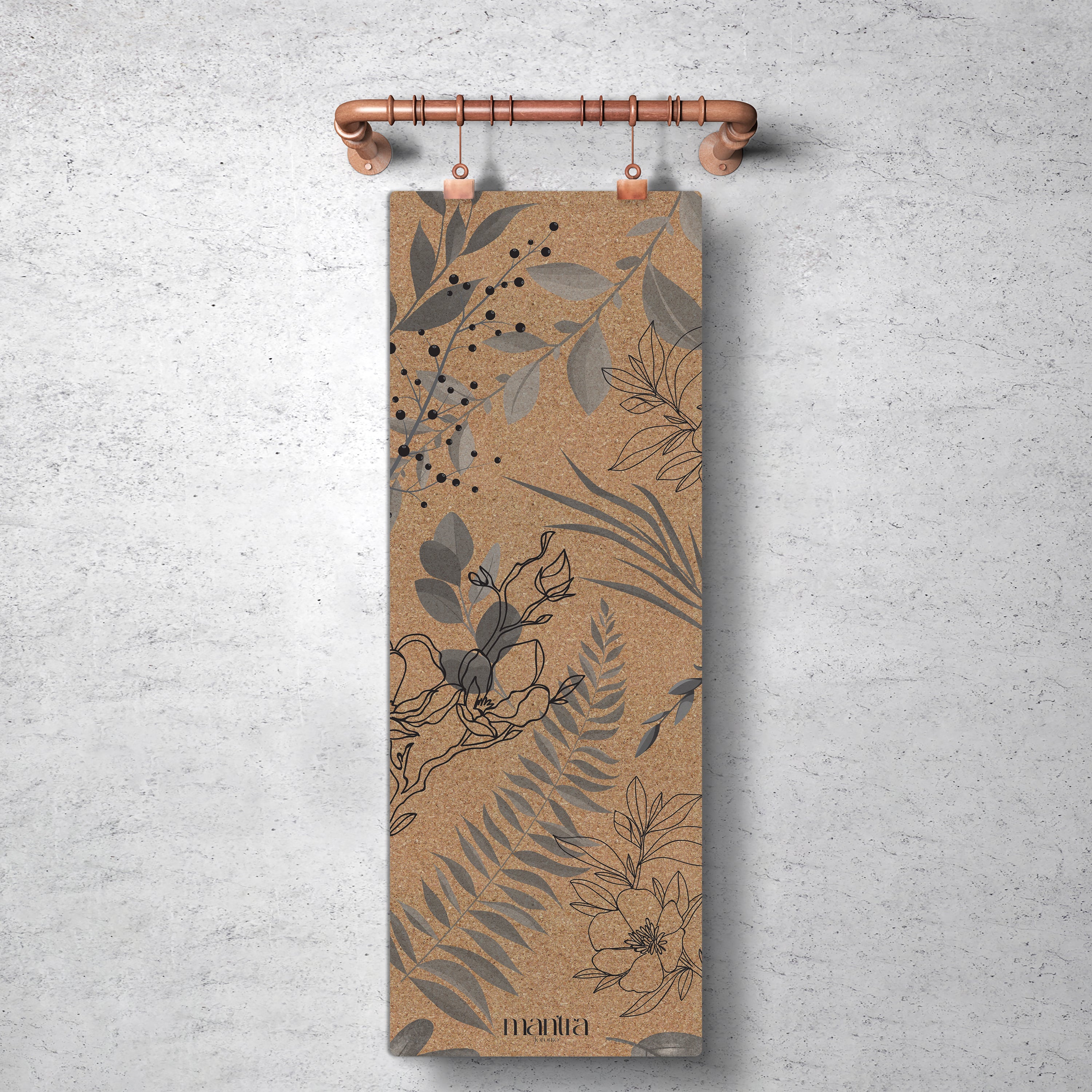 GREYSCALE LEAVES CORK YOGA MAT